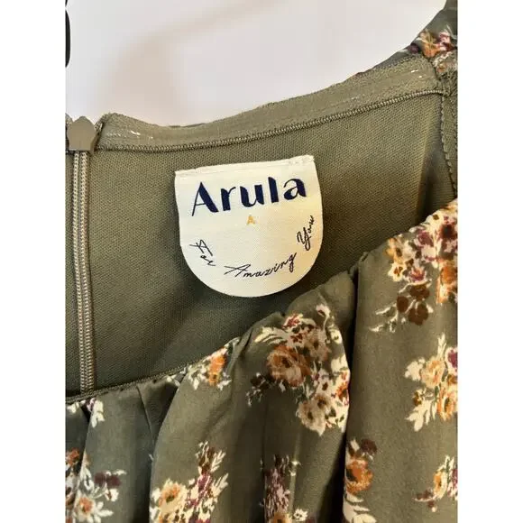 Arula Floral Cottagecore Dress Puff Sleeve Milkmaid Tie Front Green 1X estimated - Picture 3 of 11